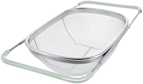 AJIODA Over The Sink Colander, 6 Quarts Stainless Steel Oval Colander with Expandable Rubber Grip Handle, Fine Mesh Strainer Baskets Kitchen Colanders for Strain, Drain, Rinse Vegetables, Mint Green