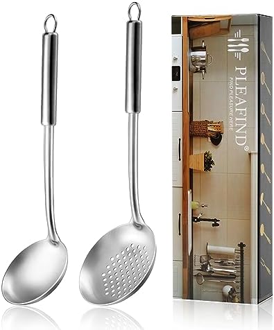 Pleafind 2-Pcs Ladle and Slotted Spoon, Soup Ladle and Strainer Spoons, Stainless Steel Cooking Spoon and Skimmer Spoons, Kitchen Utensils, Wok Utensils for Home and Restaurant, Dishwasher Safe
