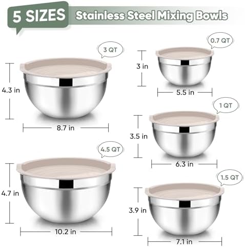TeamFar Mixing Bowls Set of 5, Stainless Steel Metal Salad Bowls with Lids