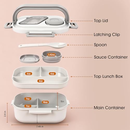 PEDECO White Bento Box with Bag for Adult Kid, Leakproof 2-Layers Stackable