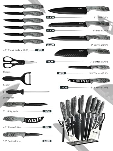 EUNA Knife Block Set, 19 PCS Kitchen Knife Set with Acrylic Block and Sharpener, German High-Carbon Stainless Steel Knife Sets with 6 Serrated Steak Knives, Bread Knife, Chef Knife, Dishwasher Safe