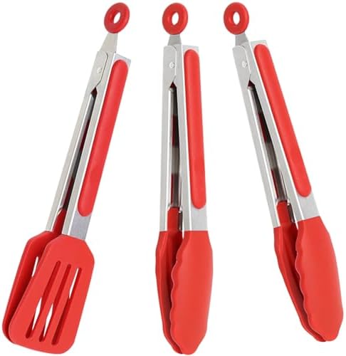 9 Inch Cooking Tongs with Silicone Tips Set of 3(Red)