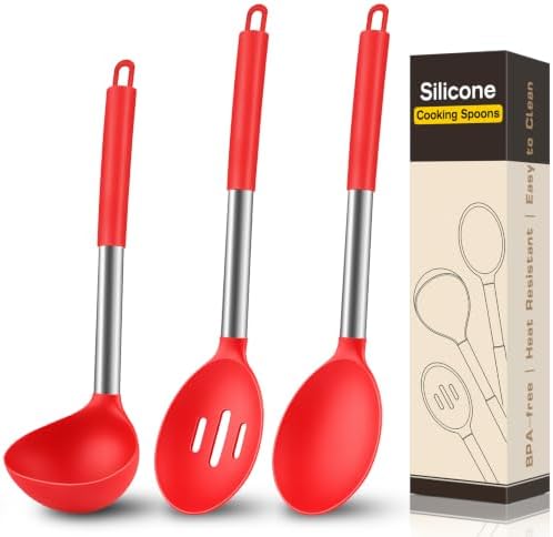 3Pcs Silicone Cooking Spoon Set, Kitchen Utensils Include Solid & Slotted Spoon, Soup Ladle, Food-Grade Heat Resistant 446°F, Non-Scratch Spoons for Serving, Stirring, Draining, Dishwasher Safe, Red