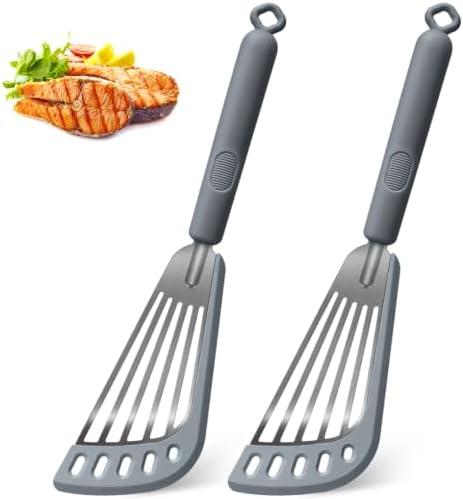 Fish Spatula 2‑Pack, Stainless Steel Slotted Turner with Silicone Edge
