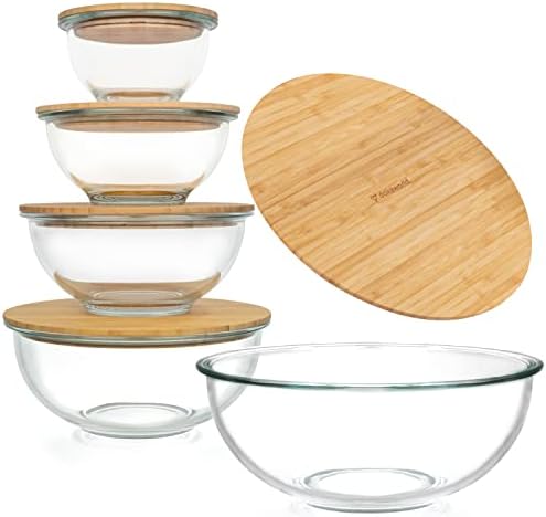 Stackable Glass Mixing Bowls with Bamboo Lids Set of 5