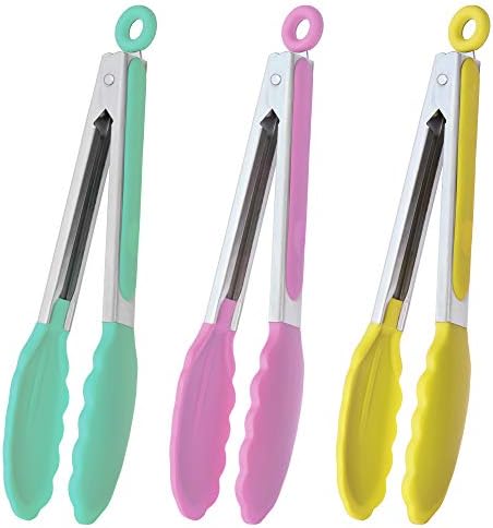 HINMAY 9-Inch Serving Tongs with Silicone Tips, Set of 3 (Mint Pink Yellow)