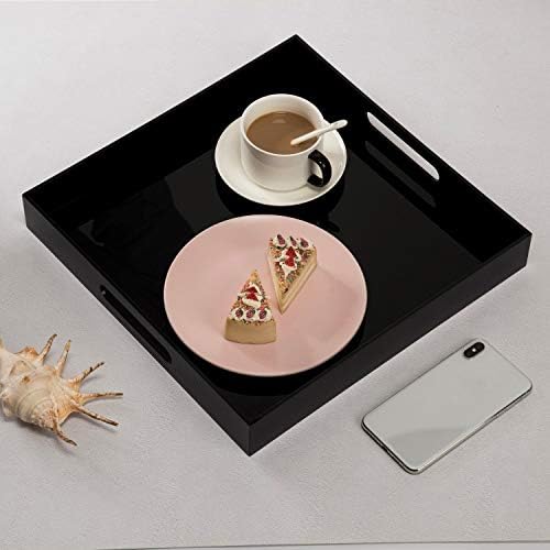 KEVLANG Glossy Black Acrylic Serving Tray - 14x14Inch, Multipurpose, Sturdy, Modern Style, Spill Proof, Countertop Organizer, Vanity Table Tray