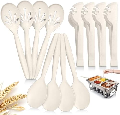 Reusable Plastic Serving Utensils Set of 12, Heavy Duty Wheat straw Large Serving set 10" Serving Spoons/10" Slotted Spoons/9.4" Tongs, for Party Buffet Catering (Khaki, Not for Cooking)