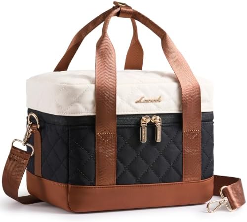 LOVEVOOK Insulated Lunch Box for Women Men, Reusable Lunch Bag with Large Capacity, Leakproof Cooler Lunch Tote for Work, Office, Outdoor Use, Black-beige-brown-Diamond pattern