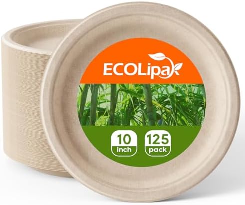 ECOLipak 125 Pack 10 inch Compostable Disposable Paper Plates for Party