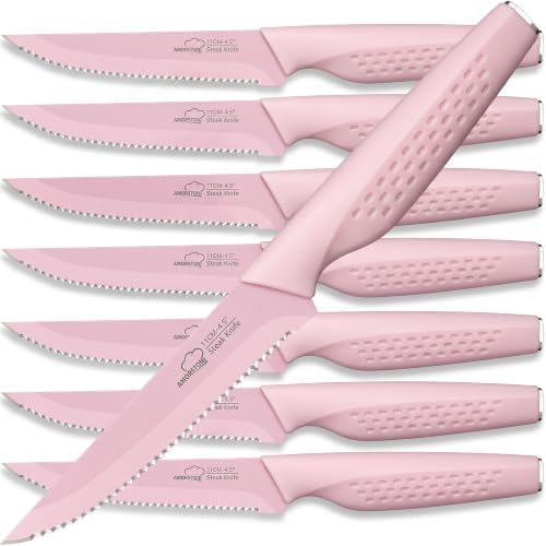 Amorston Steak Knives Set of 8 Stainless Steel Serrated Knives Pink
