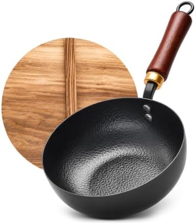 WANGYUANJI 8-Inch Carbon Steel Wok with Lid, Flat Bottom, Gas and Induction