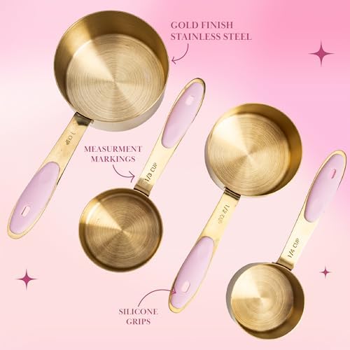 Paris Hilton Measuring Cups and Spoons Set, Stainless Steel with Pink Silicone Inset Handle, Dishwasher Safe, For Dry and Liquid Ingredients, 8-Piece Set, Gold and Pink