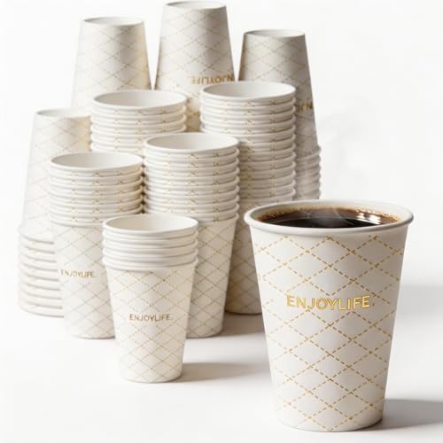MOUMOULIFE Disposable Paper Coffee Cups 12 oz 300 Count, Leak-Proof Gold Gilded Elegant Paper Cups for Hot/Cold Drinks, Ideal for Bulk Wedding, Large Party, Catering, Events