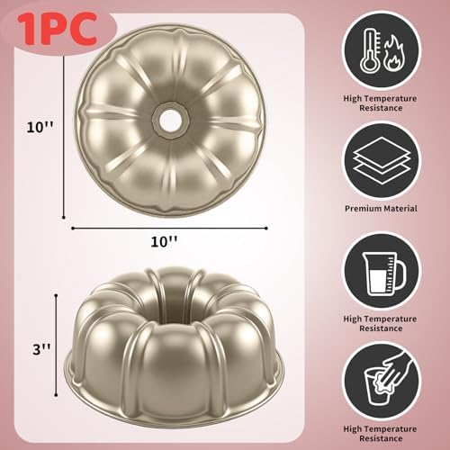 10 Inch Cake Pan, Nonstick Round Fluted Tube Cake Baking Pan, Buntz Pound Cake Mold,Tube Bakeware,Baking Mold for Jello/Gelatin/Chocoflan, Non Toxic, Easy Clean - Gold