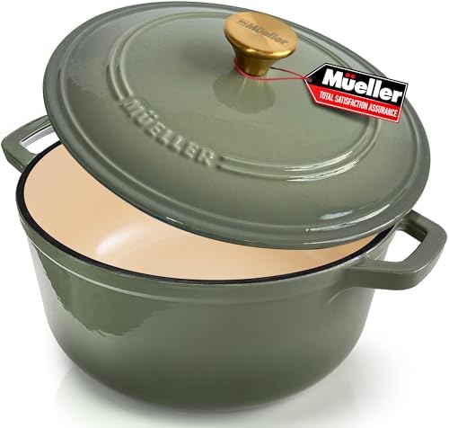 MUELLER HOME 7.5 Quart Enameled Cast Iron Dutch Oven For Sourdough Bread Baking, Heavy-Duty, Oven-Safe up to 500° F & Across All Cooktops, Casserole Dishes, Green Kitchen Accessories, Thyme Green