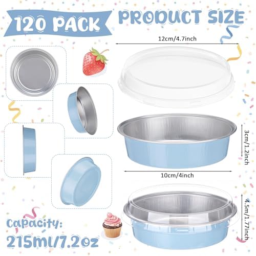 Yinder 120 Pcs 8oz Disposable Mini Pie Pans/tins with Lids Tart Pans, Small Cake Pan Round Containers Aluminum, 4 Inch Mini Cake Pan for Quiche Cheesecake Container Oven Bake Sale(Sky Blue)