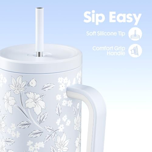Meoky UV Color-Changing Tumbler: 40 oz Tumbler with Handle and Straw- Stainless Steel Insulated Tumbler for Car Cup Holders - Travelers Commuters Workers (1 Pack, Daylily)