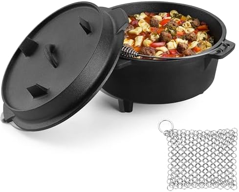 HaSteeL 5QT Cast Iron Dutch Oven Camping Pot with Stainless Steel Scrubber