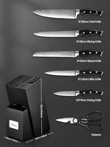 Knife Set, D.Perlla 8 Pieces Kitchen Knife Set with Built-in Sharpener, High Carbon German Stainless Steel Knife Block Set with Unique Waved Pattern, Non-slip Handle, Black