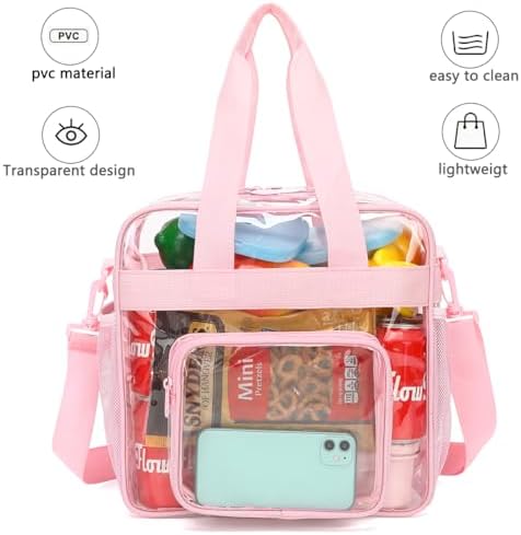 FlowFly Clear Bag for Stadium Events With Shoulder Strap for Women, Men, Large and Reusable Lunch Container, Work and Sporting Events, Travel 12x6x12 Clear Tote Bag, Clear#Pink