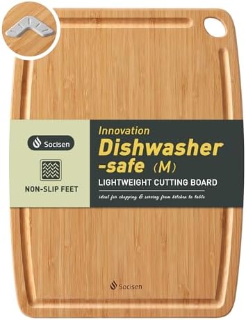 Lightweight Durable Bamboo Cutting Board with Non-Slip Feet, Reversible Wood Cutting Board with Juice Groove Easy to Store & Clean, Water-Resistant Ideal Kitchen Gift for Home Cooks