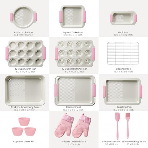 Kikcoin 25-Piece Nonstick Baking Pans Set with Large Turkey Roasting Pan, Stackable Bakeware Set, 450°F Oven Safe Baking Sheet Set with Silicone Handles, Carbon Steel Cookie Sheets for Baking, Pink