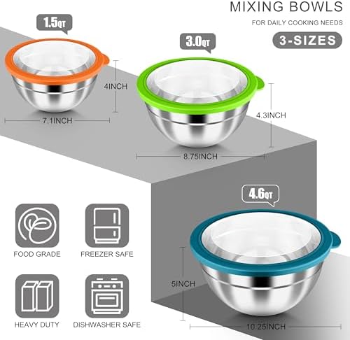 HaWare Mixing Bowls with Airtight Clear Lids, 6-Piece Stainless Steel Strong Nesting Bowls Set, Metal Salad Bowl for Cooking, Prepping, Baking, Serving & Food Storage, Size 4.6, 3, 1.5QT, Colorful