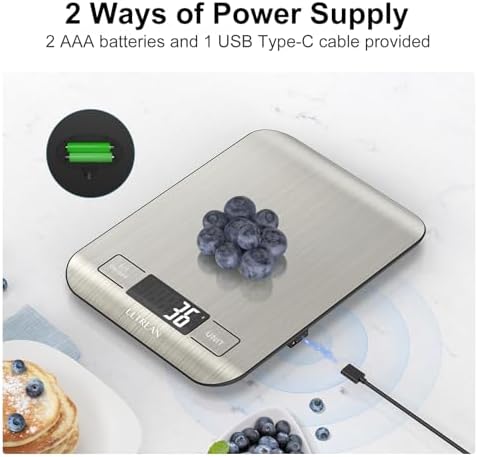 Ultrean Food Scale, 33lb Digital Kitchen Scale for Food Ounces Grams, 304 Stainless Steel, Type-C Charging and Batteries, Perfect for Meal Prep, Cooking, and Baking