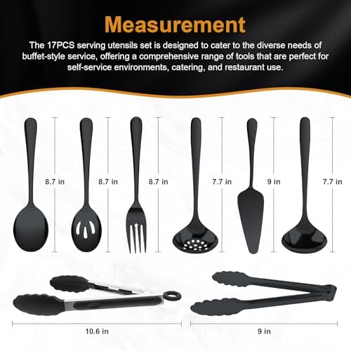 17PCS Serving Spoons and Utensils Set, Stainless Steel Serveware Black