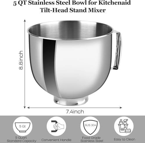 Stainless Bowl Compatible with Kitchenaid Mixer 4.5/5QT