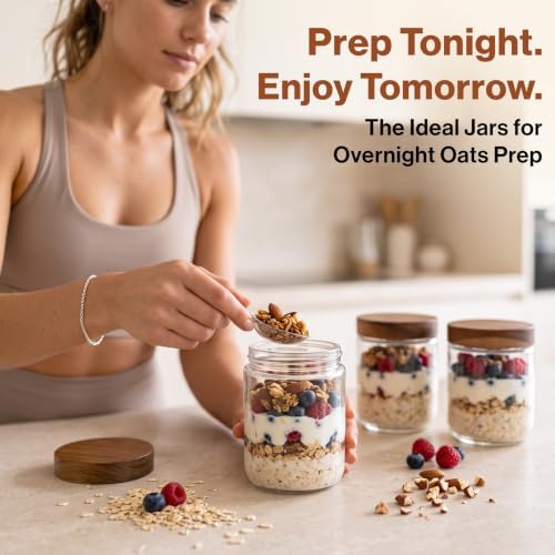 EDELHAUS Overnight Oats Containers with Lids - Glass Mason Jars, Meal Prep
