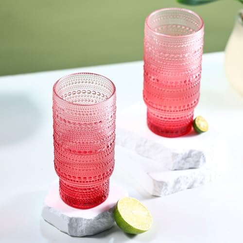 Large Capacity 16 oz Hobnail Drinking Glasses Set of 6, Vintage Glassware Drinking Glasses, Gradual Red Water Glasses Tumbler, Christmas Gifts for Women