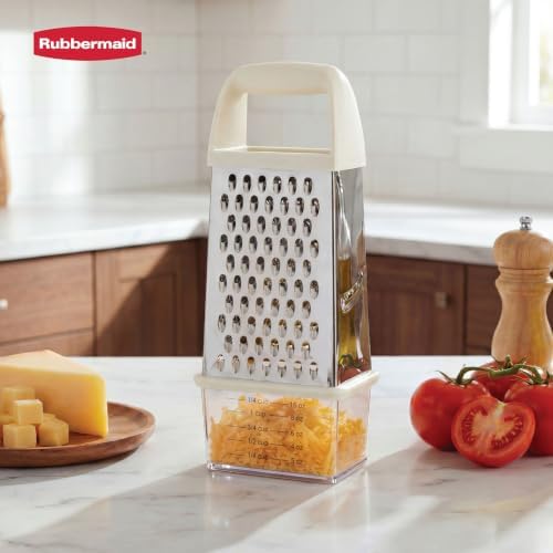 Rubbermaid EZ Grip Box Grater, Stainless Steel Cheese Grater & Container - BPA Free Multi-Surface Cheese Shredder & Food Grater Coconut Milk | Graters for Kitchen -Non-Slip Base, Dishwasher Safe