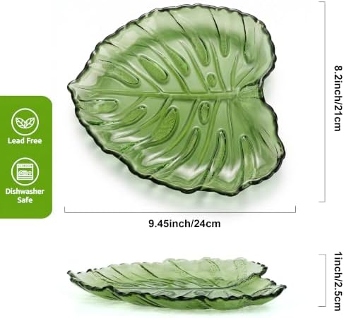 Joeyan Monstera Leaf Glass Serving Trays, Green Glass Plate with Embossed Vein Texture & Serrated Edge, Decorative Dish for Fruit, Candy, Jewelry, Snacks, Salads, Desserts, Dishwasher Safe