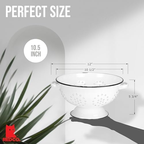 Red Co. Enamelware Metal Classic 10.5 Inch Round Food Strainer Colander with Two Handles, Distressed White/Black Rim