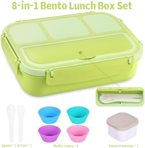 shell and turtle Bento Box Adult Lunch Box, Lunch Containers for Kids Girls Boys with 4 Compartments, Lunchable Food Container with Utensils, Sauce Jar, Muffin Liners, 40 Oz/5 Cup, Bright Green