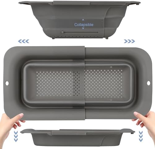 ROTTOGOON 7Qt Collapsible Colander Strainer, Expandable Over the Sink Colander, Adjustable Silicone Kitchen Sink Strainer, Foldable Large Colanders Basket to Wash Vegetable, Fruit, 15" to 19.8"