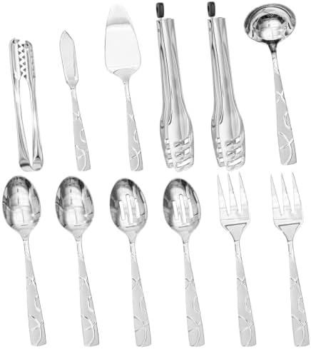 HIKAA 12-Piece 18/0 Premium Stainless Steel Serving Set, Elegant Floral-Design Handles, Slotted Spoon, Serving Spoon, Fork, Tongs, Soup Ladle & Cake Server for Buffets, Weddings & Home Entertaining