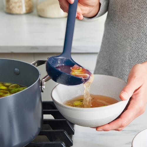 GreenPan Silicone Ladle, Soup Mixing Stirring Serving, Cooking Kitchen Utensil, Flexible Rubber Nonstick Cookware, Rigid Steel Core, Heat-Resistant, Anti-Slip Handle, BPA-Free, Dishwasher Safe, Blue