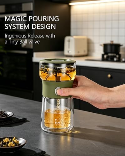 ZENS Small Tea Infuser Pot, One Touch Tea Maker for Loose Leaf Tea, Moss