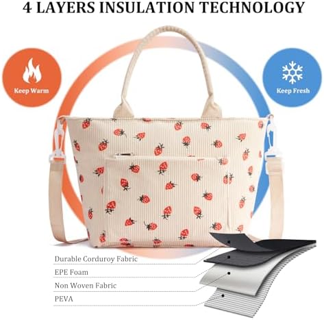 Lunch Bag for Women Adult Large Insulated Lunch Box Girl Cute Corduroy Lunch Tote Bags Reusable Leakproof Cooler Work Picnic