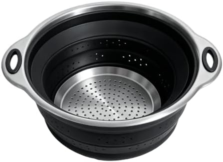 Mejoncb Collapsible Colander – Platinum Silicone Strainer with Stainless Steel Base, BPA-Free & Heat Resistant Kitchen Drain Basket (Black)