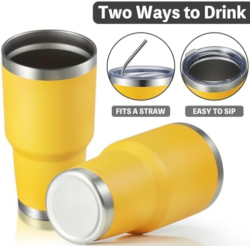 MEWAY 30oz Insulated Tumbler With Lids and Straws,Stainless Steel Double Vacuum Coffee Tumbler Cup, Brush, Durable Powder Coated Coffee Cup for Cold & Hot Drinks, Office, Travel(Yellow,8 PACK)
