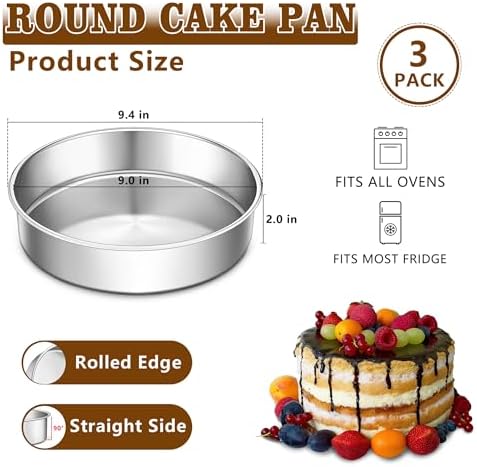 LIANYU 9 Inch Round Cake Pan Set of 3, Stainless Steel Layer Deep Cake Pan