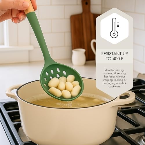 Beille 1pc Slotted Spatula Beech Wood and Silicone Kitchen Utensils Meal Prep Cooking Baking Supplies Home Essentials, Olive Green