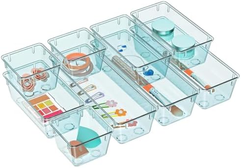 9 Pack Clear Drawer Organizer Set, Drawer Storage Trays, Storage Bins