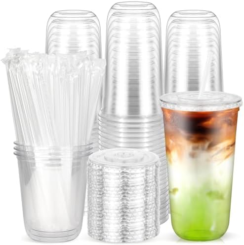 100 Pack 20 oz Round Bottom Plastic Cups with Lids, Clear Iced Coffee Cups