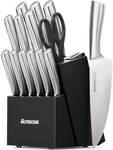 Astercook Knife Set, Kitchen Knives Set with Block and Sharpener Full Tang 15 Pcs Stainless Steel Knives, Dishwasher Safe Knife Set with Anti-Slip Ergonomic Handle, Black, Fathers Day Gift for Men