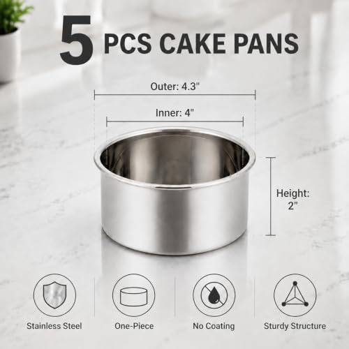 TeamFar 4 Inch Cake Pan, 5 Pcs Stainless Steel Round Baking Cake Pans Set